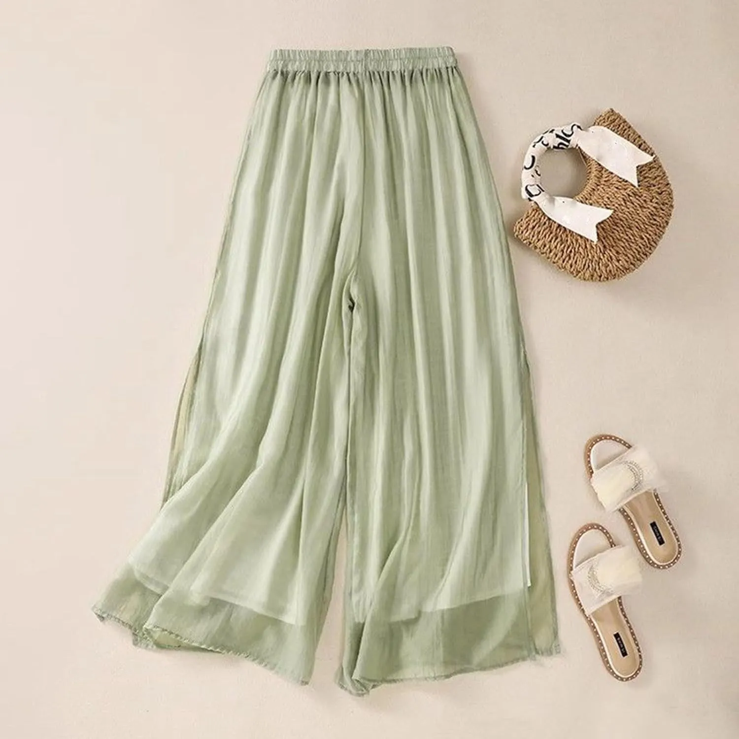 Women's Summer Casual Pants Loose Beach Pants Vintage Embroidery High Waist Wide Leg Palazzo Trousers with Pockets