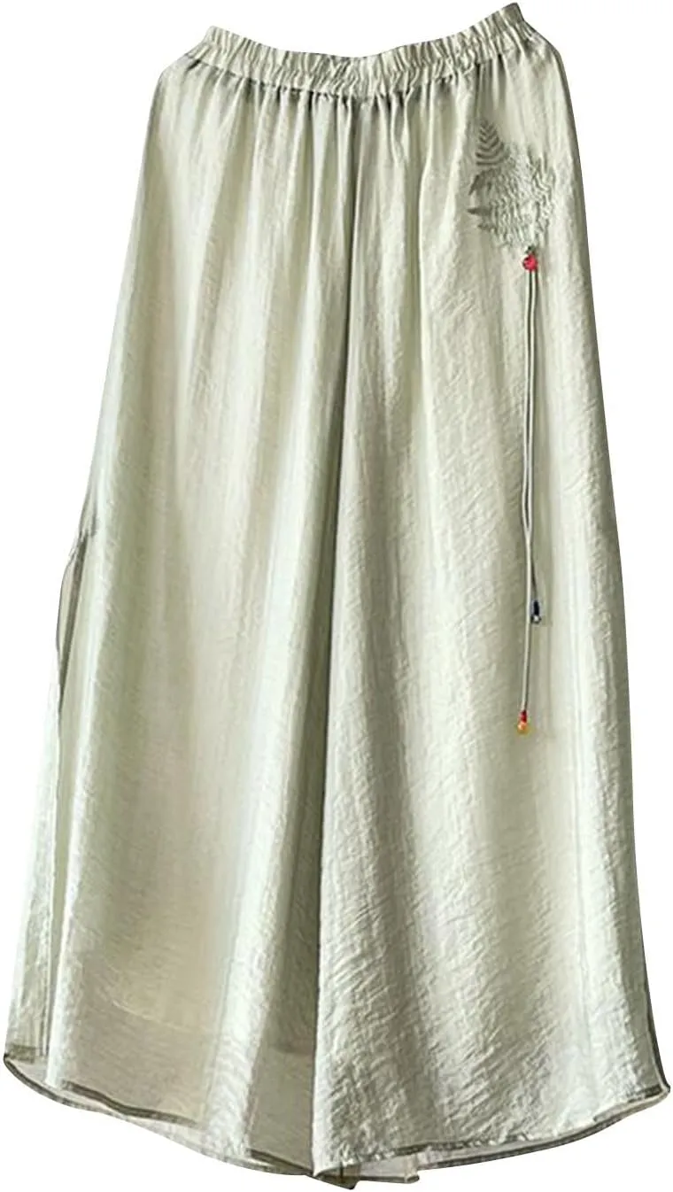 Women's Summer Casual Pants Loose Beach Pants Vintage Embroidery High Waist Wide Leg Palazzo Trousers with Pockets