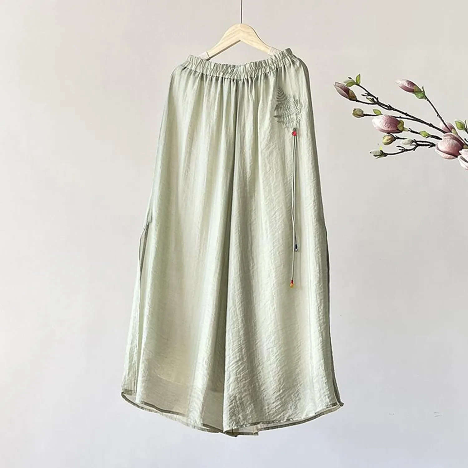 Women's Summer Casual Pants Loose Beach Pants Vintage Embroidery High Waist Wide Leg Palazzo Trousers with Pockets