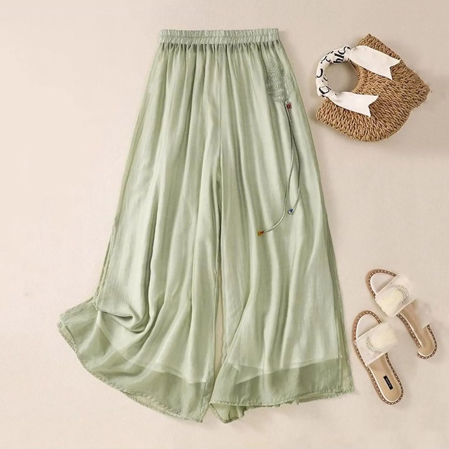 Women's Summer Casual Pants Loose Beach Pants Vintage Embroidery High Waist Wide Leg Palazzo Trousers with Pockets