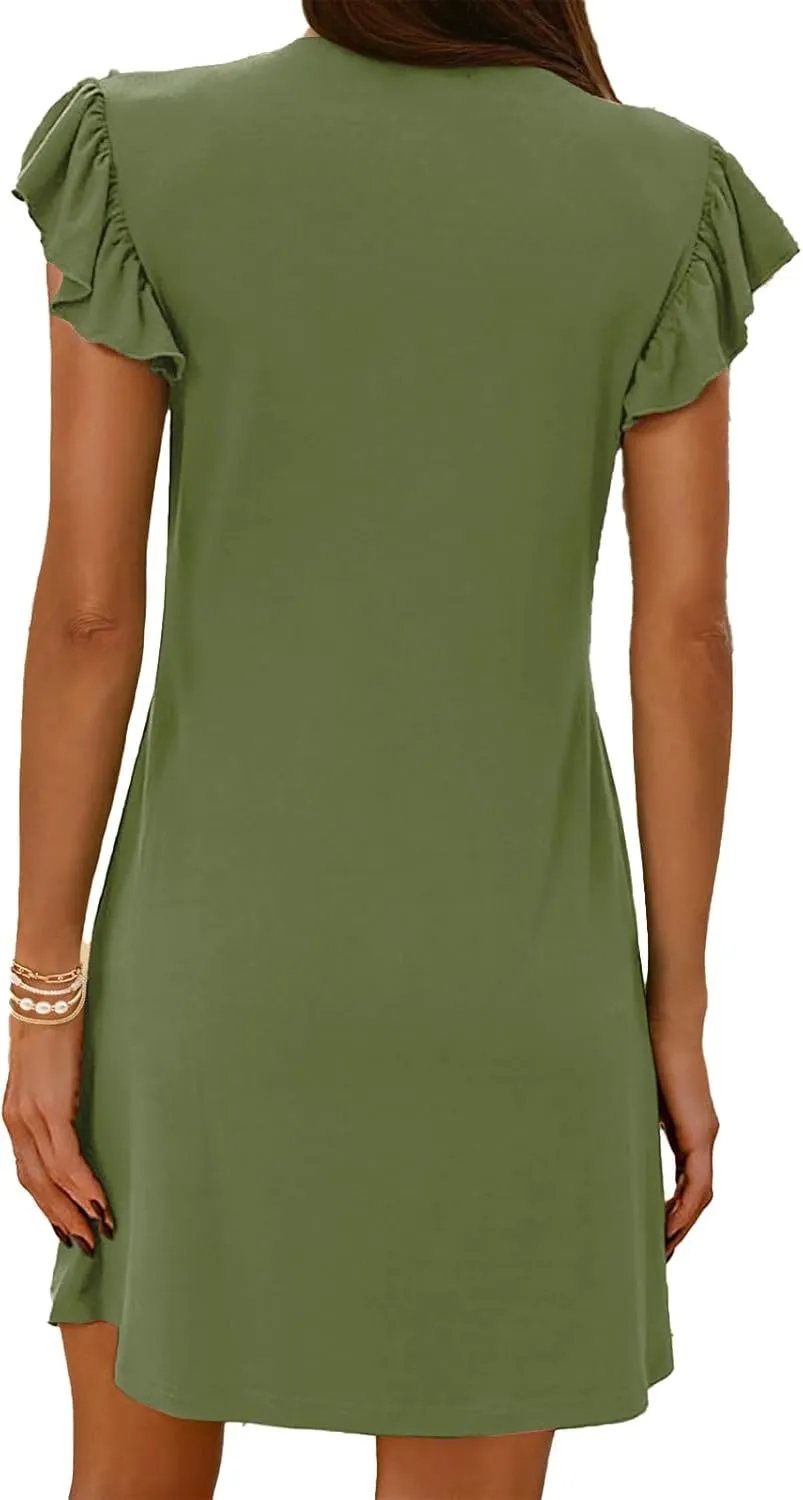 Womens Summer Dresses V Neck Ruffle Short Sleeve Mini Dress Casual Tunic Ruched Solid Color Dresses