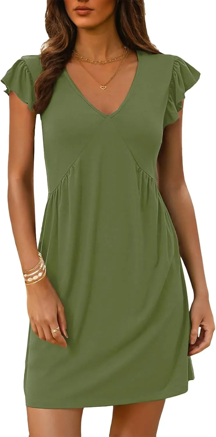 Womens Summer Dresses V Neck Ruffle Short Sleeve Mini Dress Casual Tunic Ruched Solid Color Dresses