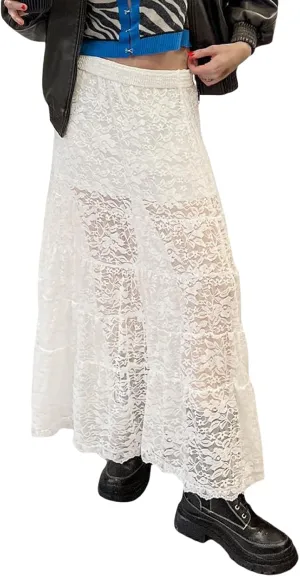 Womens Summer Floral Lace Maxi Skirt Elastic Low Waist Mesh Sheer Patchwork A-Line Beach Party Long Skirts