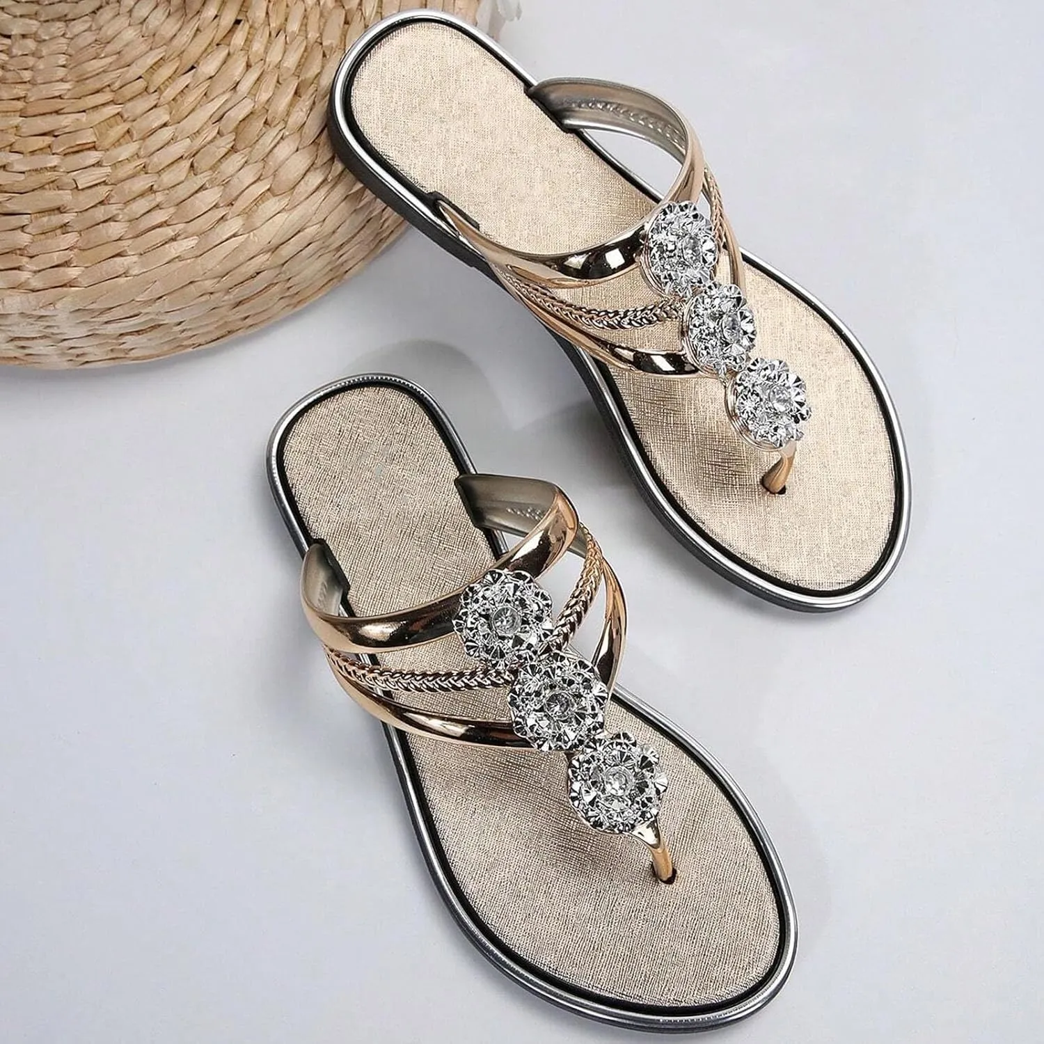 Womens Summer Sandals 2025 Flats Slip on Thong Flip Flops Rhinestone Elegant Breathable Casual Beach Open Toe Dressy Stylish Outdoor Walking Lightweight Comfortable Flip Flop
