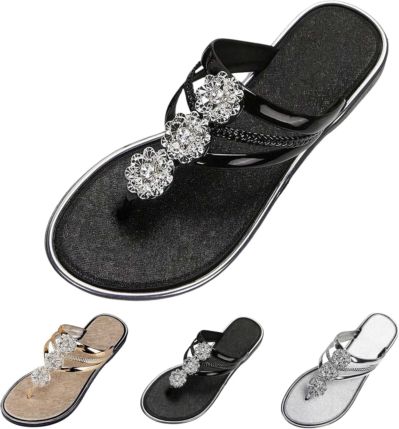 Womens Summer Sandals 2025 Flats Slip on Thong Flip Flops Rhinestone Elegant Breathable Casual Beach Open Toe Dressy Stylish Outdoor Walking Lightweight Comfortable Flip Flop