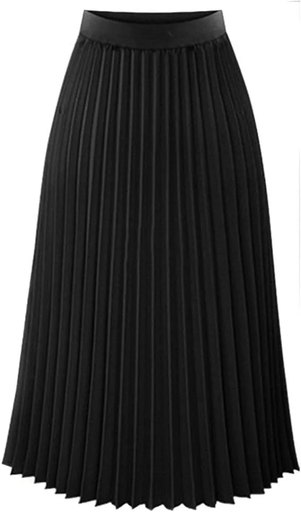 Womens Summer Skirt Elegant Solid Midi Skirt Waist Elastic Pleated Womens Maxi Skirt White Long Skirt