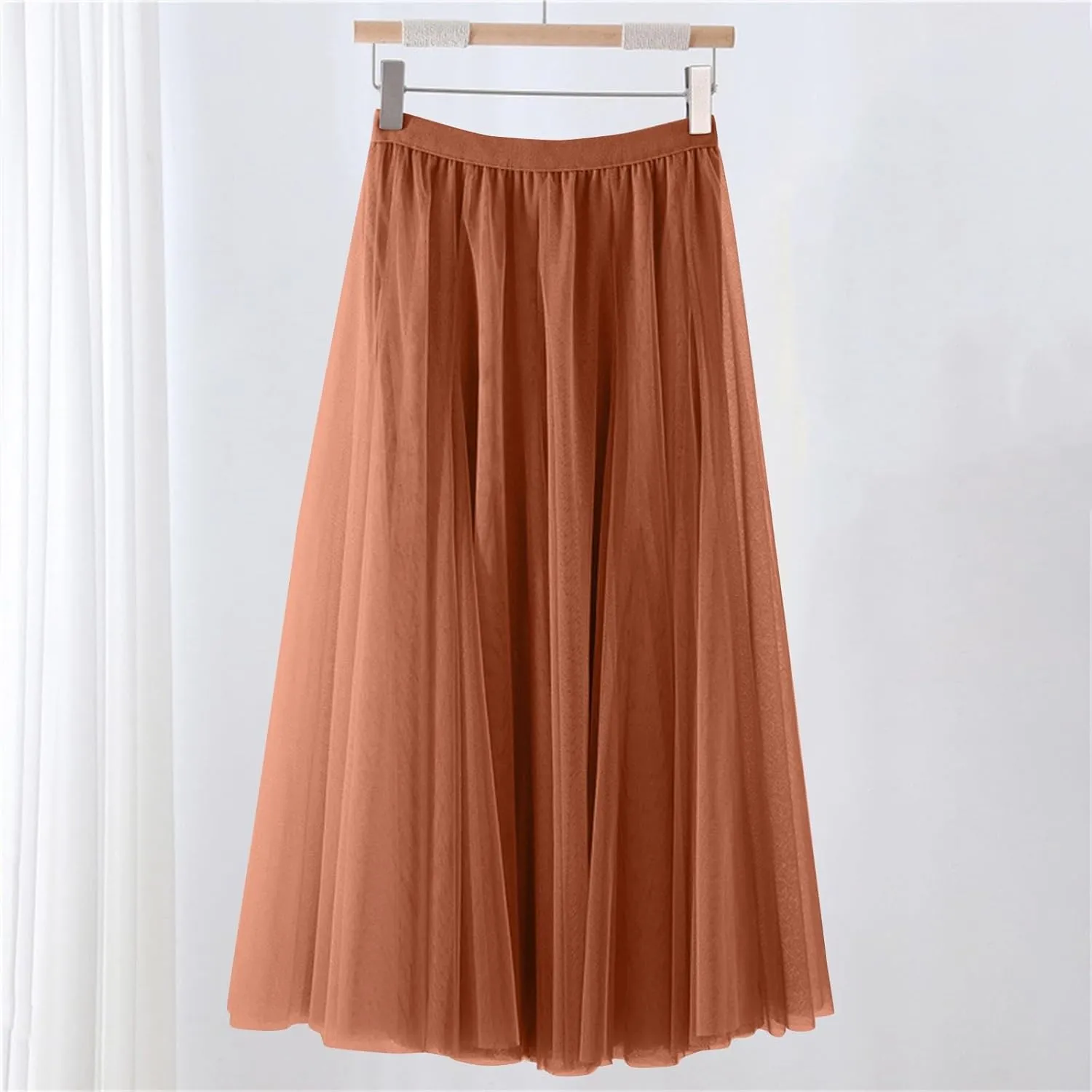 Womens Tulle Maxi Skirts Summer Party Solid Beach Elastic High Waist Pleated A-Line Flowy Swing Long Maxi Skirt