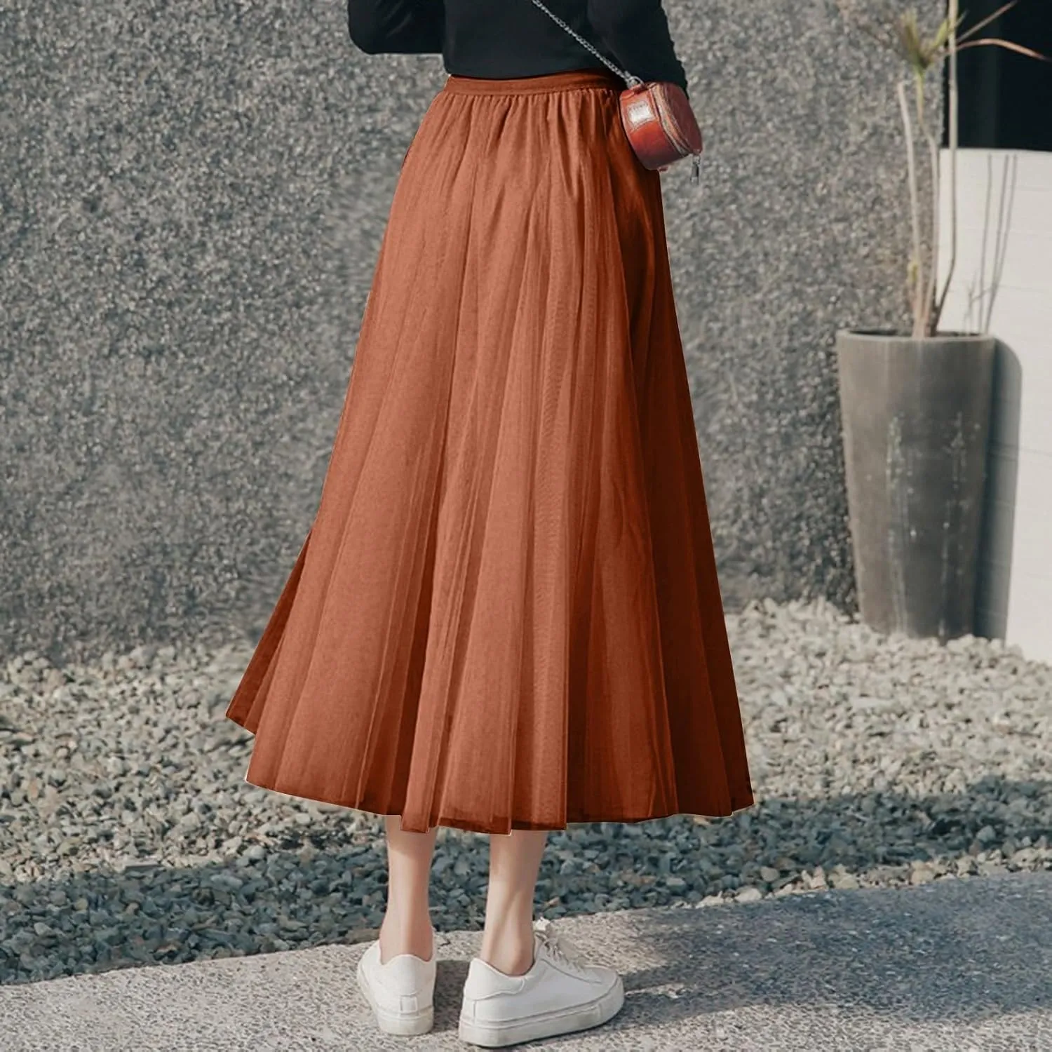 Womens Tulle Maxi Skirts Summer Party Solid Beach Elastic High Waist Pleated A-Line Flowy Swing Long Maxi Skirt