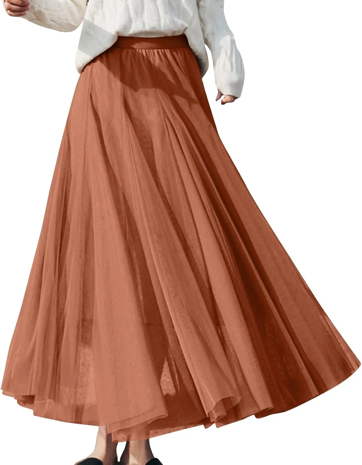 Womens Tulle Maxi Skirts Summer Party Solid Beach Elastic High Waist Pleated A-Line Flowy Swing Long Maxi Skirt