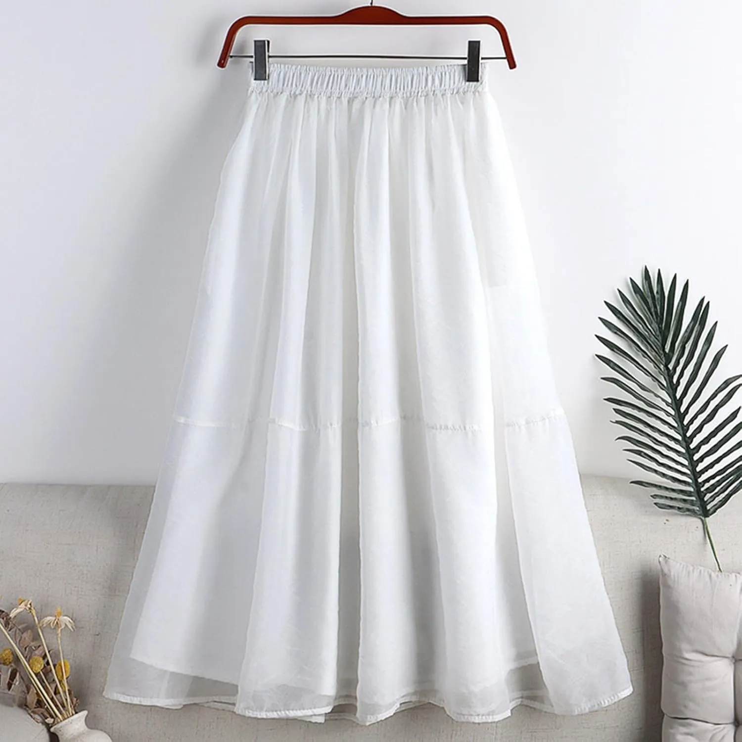 Women's Tulle Skirt Solid Color Elastic High Waisted Layered Pleated Skirts Casual Fashion Lightweight Beach Skirt