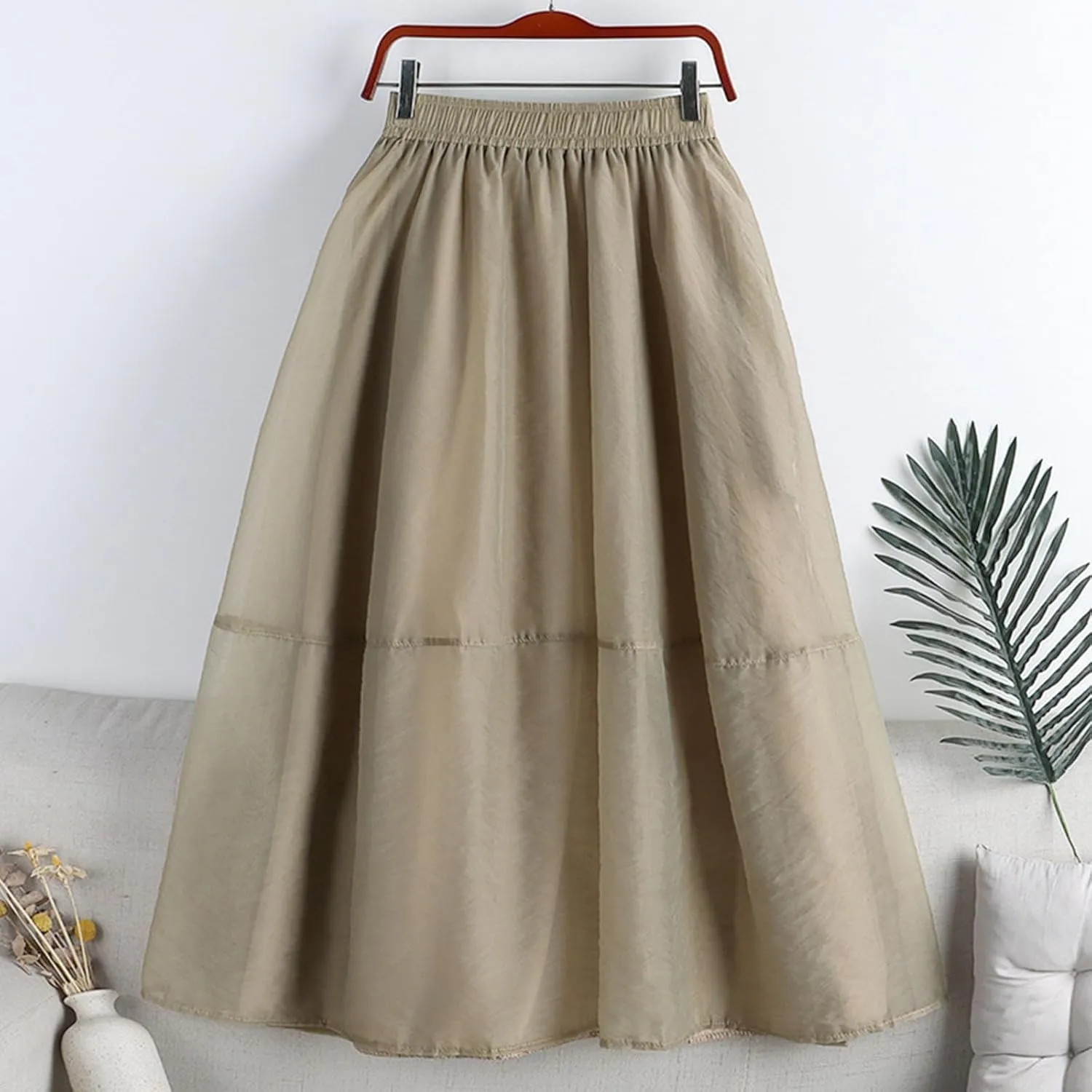 Women's Tulle Skirt Solid Color Elastic High Waisted Layered Pleated Skirts Casual Fashion Lightweight Beach Skirt