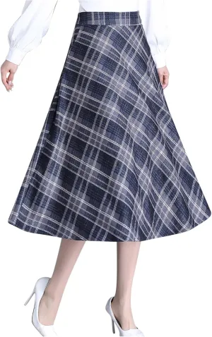 Womens Wool Midi Skirts Classic Plaid Skirt High Elastic Waist Pleated Flowy Swing A Line Flared Woolen Skirts