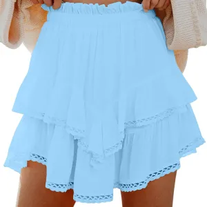 Women's Work Skirts Elegant Layered Ruffle Office Skirt High Waisted Solid Color Flowy Short Skirts Patchwork Skirt