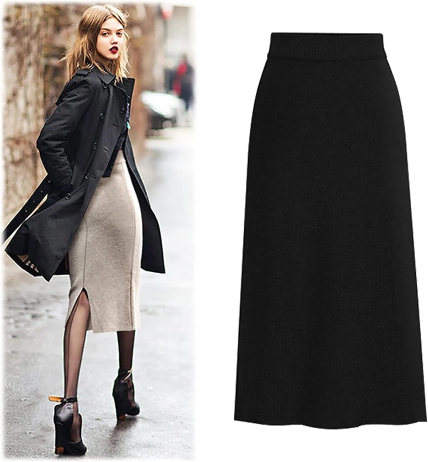 Woolen Waist Skirt Sexy Mid-Calf Elegant Solid Women's Split Knitted High Skirt Skirt Cosplay Skirt