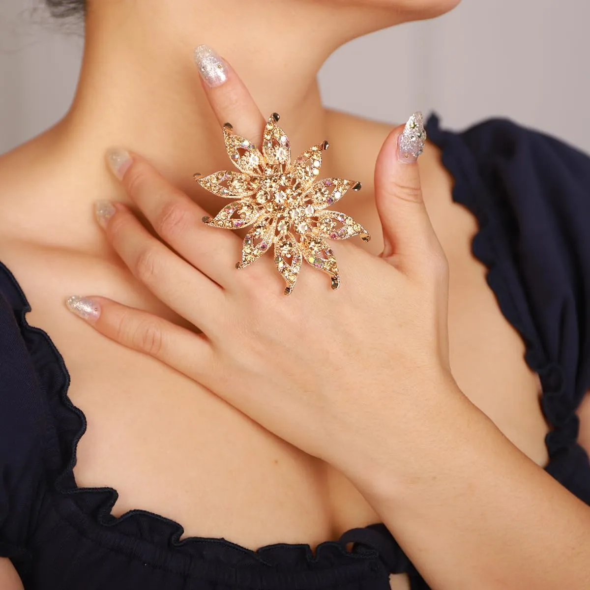 Xerling Big Flower Rhinestone Floral Cocktail Womens Statement Rings Aesthetic for Party Costume Large Chunky Finger Rings for Teens