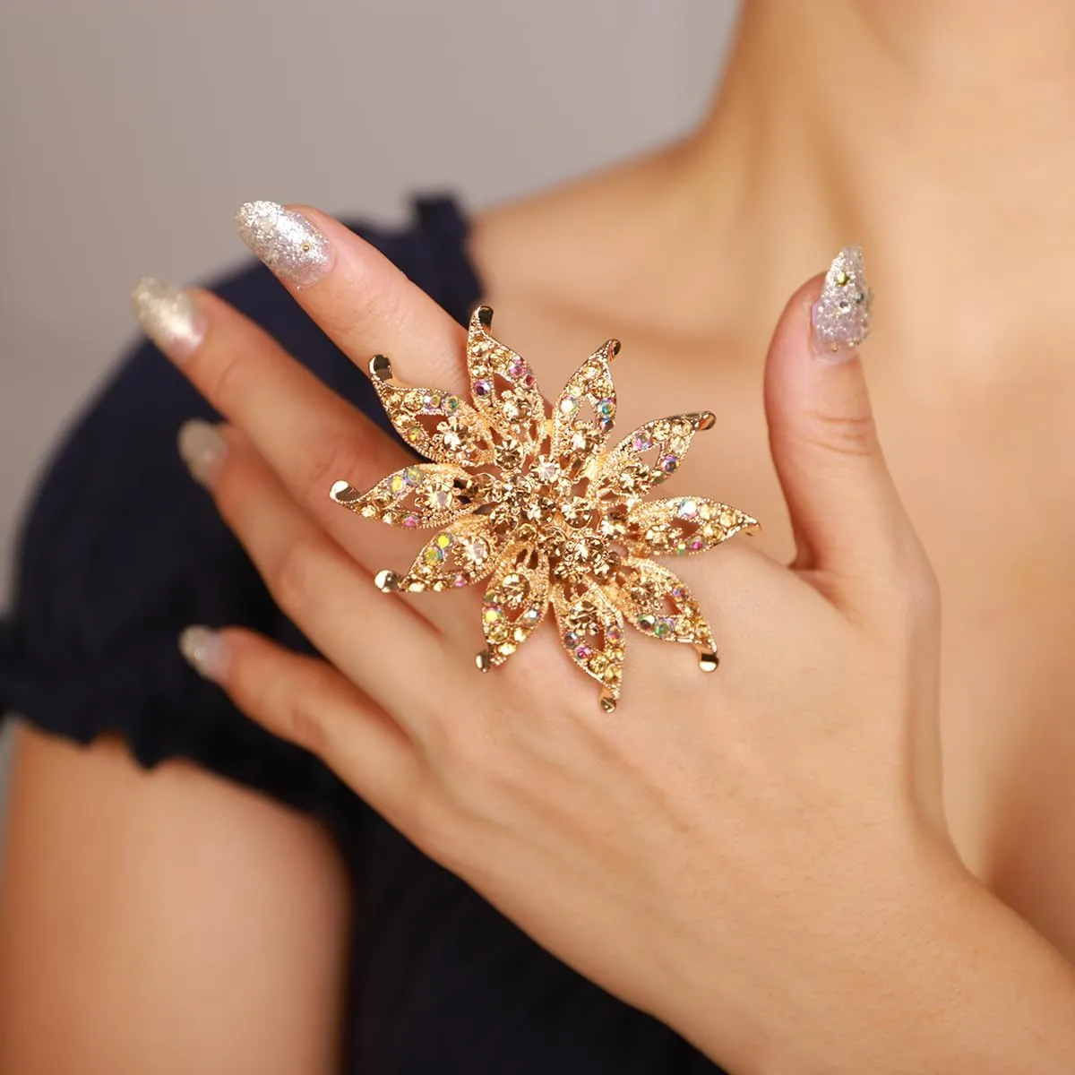 Xerling Big Flower Rhinestone Floral Cocktail Womens Statement Rings Aesthetic for Party Costume Large Chunky Finger Rings for Teens