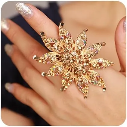 Xerling Big Flower Rhinestone Floral Cocktail Womens Statement Rings Aesthetic for Party Costume Large Chunky Finger Rings for Teens