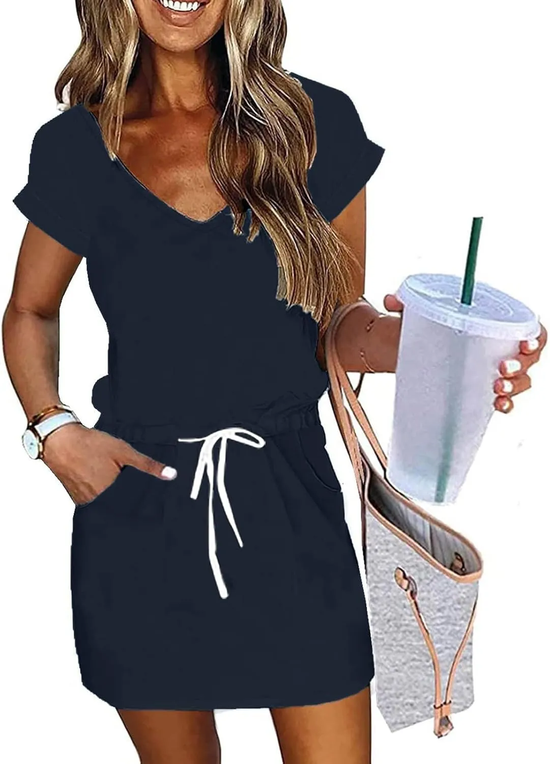 XOWRTE Women's Summer Tie Dresses 2025 Beach Casual Deep V Neck Loose Sundress Ruffle Sleeve Mini Dress A-Line Tunic Dress