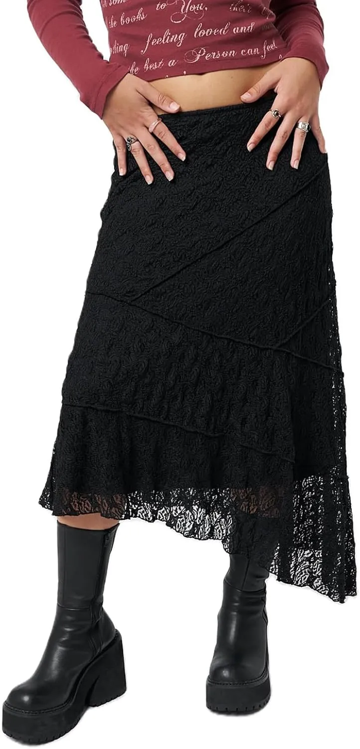 Y2K Lace Maxi Skirts for Women Floral Lace Mesh Sheer Long Skirts Asymmetrical Hem See-Through Half Slip Skirts
