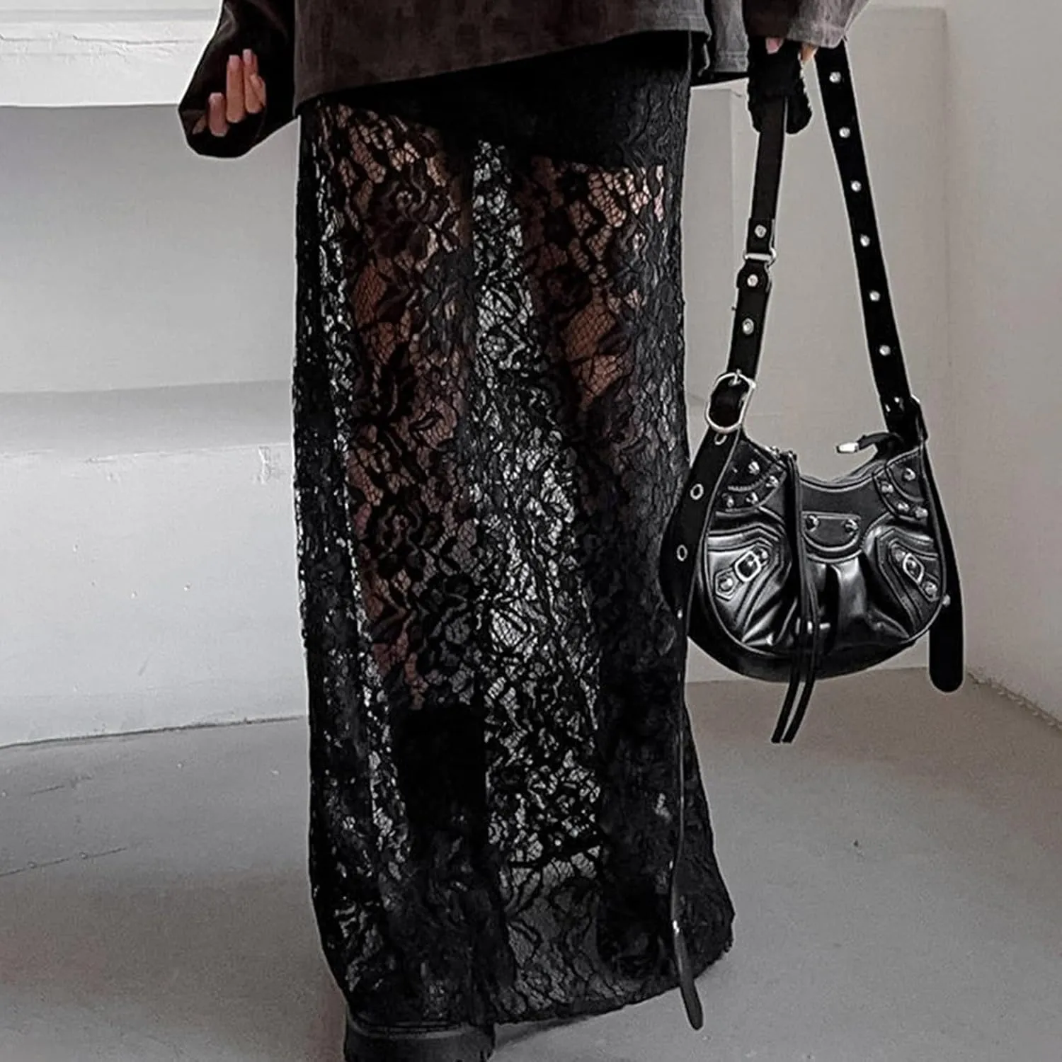 Y2K Lace Maxi Skirts for Women Floral Lace Mesh Sheer Long Skirts Asymmetrical Hem See-Through Half Slip Skirts