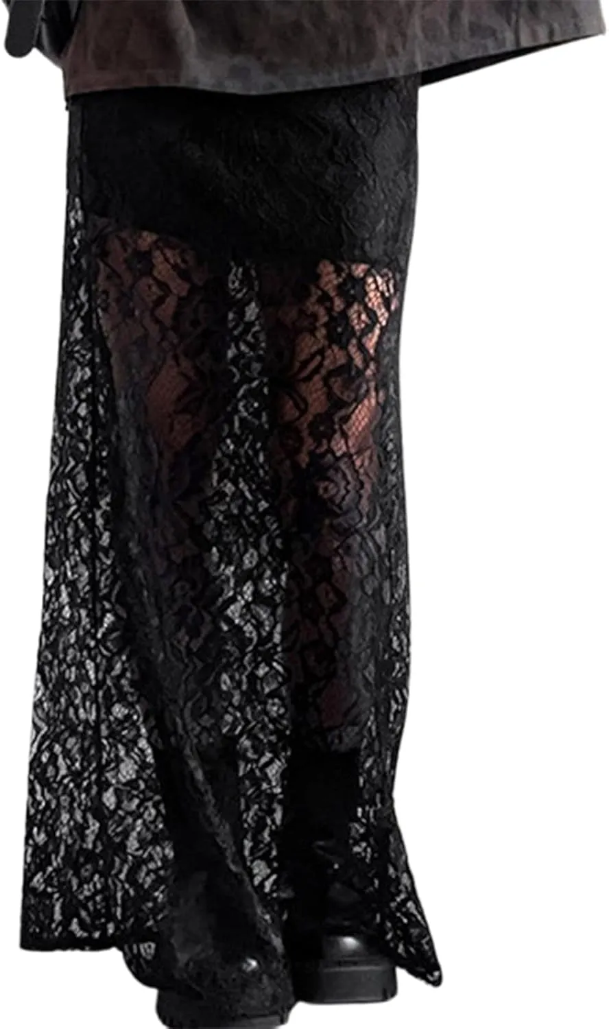 Y2K Lace Maxi Skirts for Women Floral Lace Mesh Sheer Long Skirts Asymmetrical Hem See-Through Half Slip Skirts