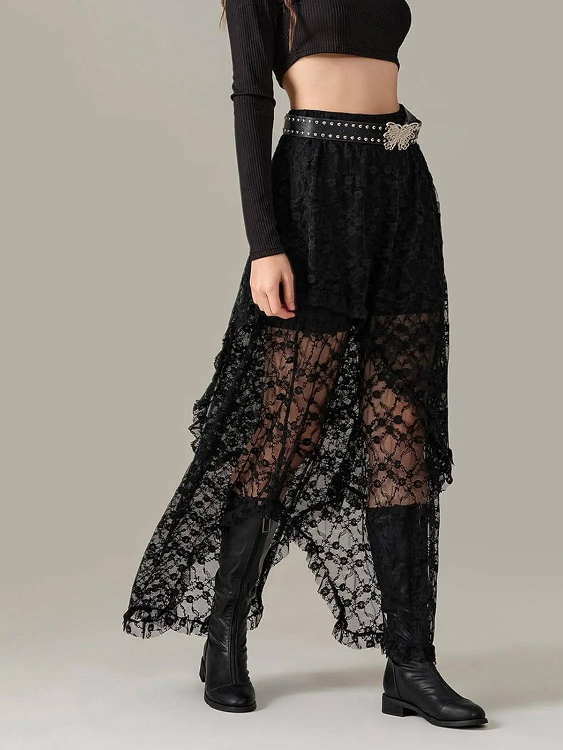 Y2K Lace Maxi Skirts for Women Floral Lace Mesh Sheer Long Skirts Asymmetrical Hem See-Through Half Slip Skirts