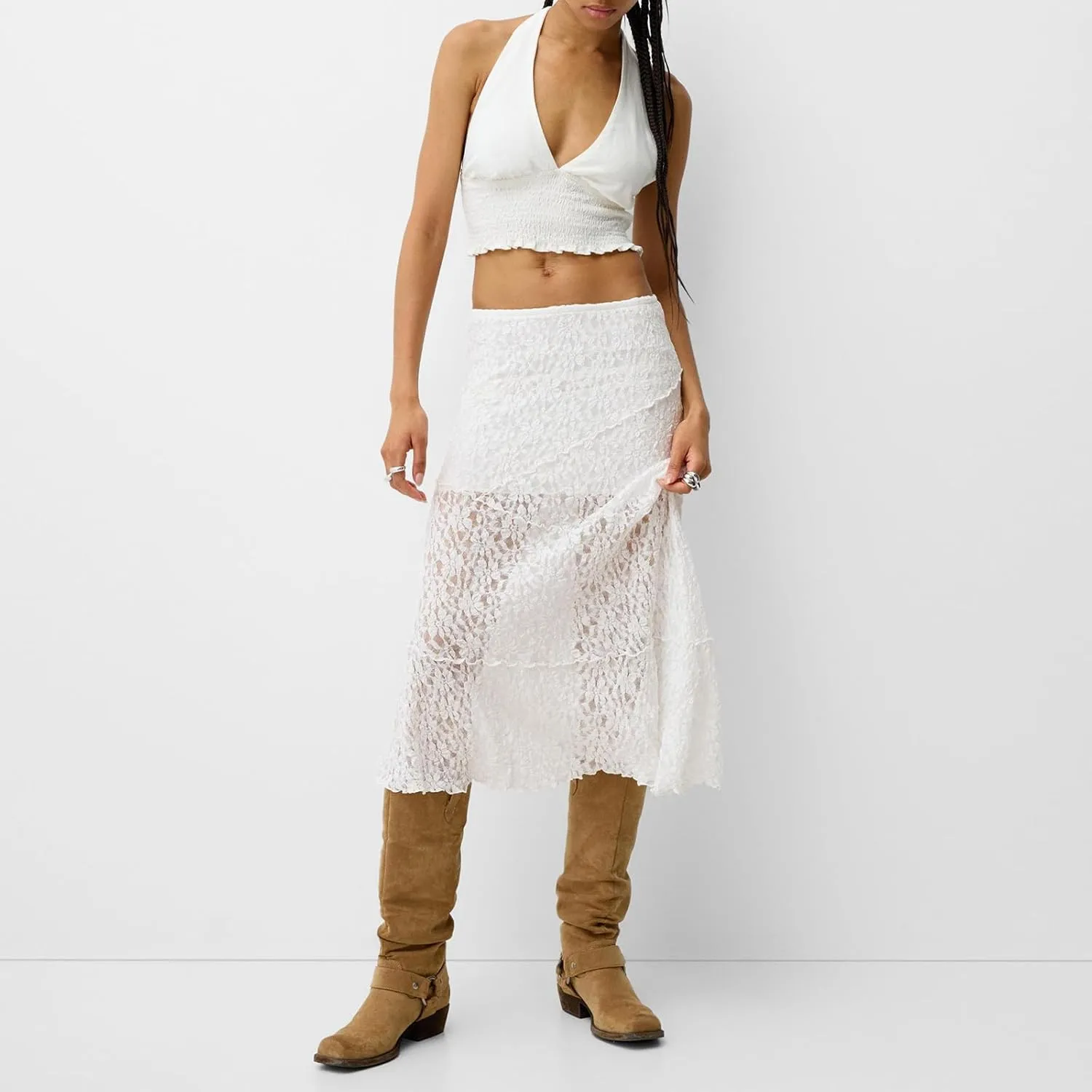 Y2K Lace Maxi Skirts for Women Floral Lace Mesh Sheer Long Skirts Asymmetrical Hem See-Through Half Slip Skirts