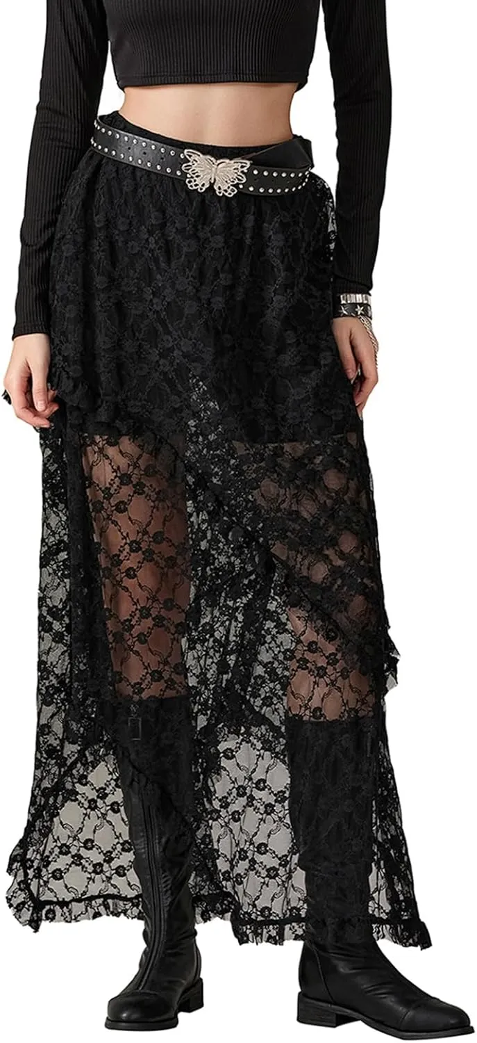 Y2K Lace Maxi Skirts for Women Floral Lace Mesh Sheer Long Skirts Asymmetrical Hem See-Through Half Slip Skirts