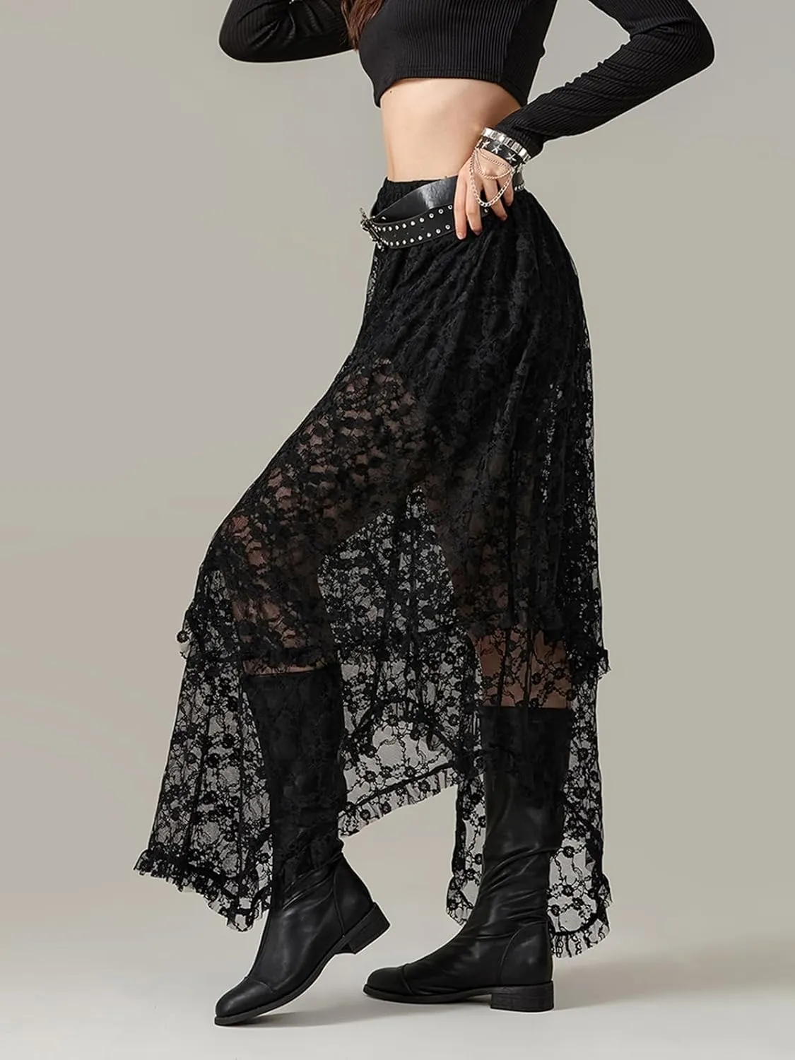 Y2K Lace Maxi Skirts for Women Floral Lace Mesh Sheer Long Skirts Asymmetrical Hem See-Through Half Slip Skirts