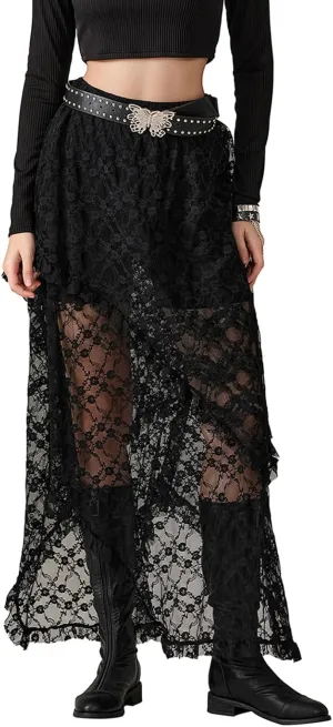 Y2K Lace Maxi Skirts for Women Floral Lace Mesh Sheer Long Skirts Asymmetrical Hem See-Through Half Slip Skirts