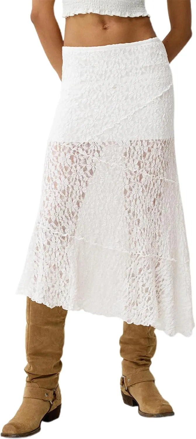 Y2K Lace Maxi Skirts for Women Floral Lace Mesh Sheer Long Skirts Asymmetrical Hem See-Through Half Slip Skirts