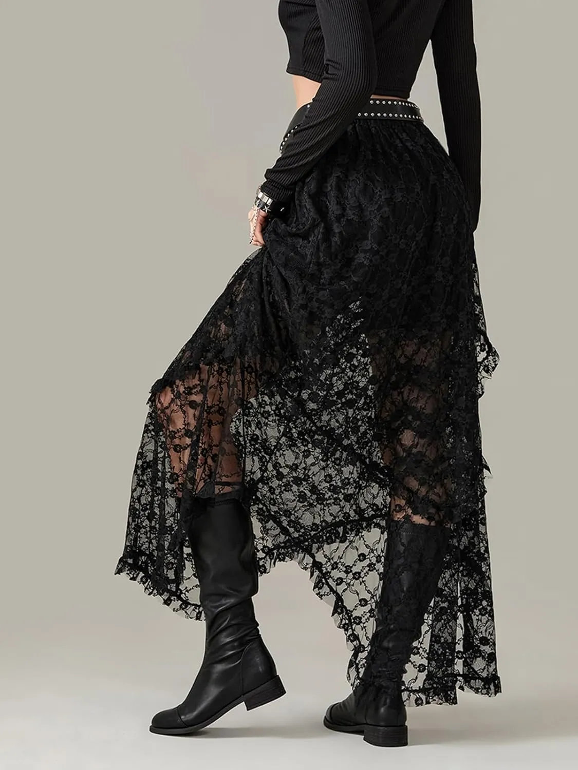 Y2K Lace Maxi Skirts for Women Floral Lace Mesh Sheer Long Skirts Asymmetrical Hem See-Through Half Slip Skirts