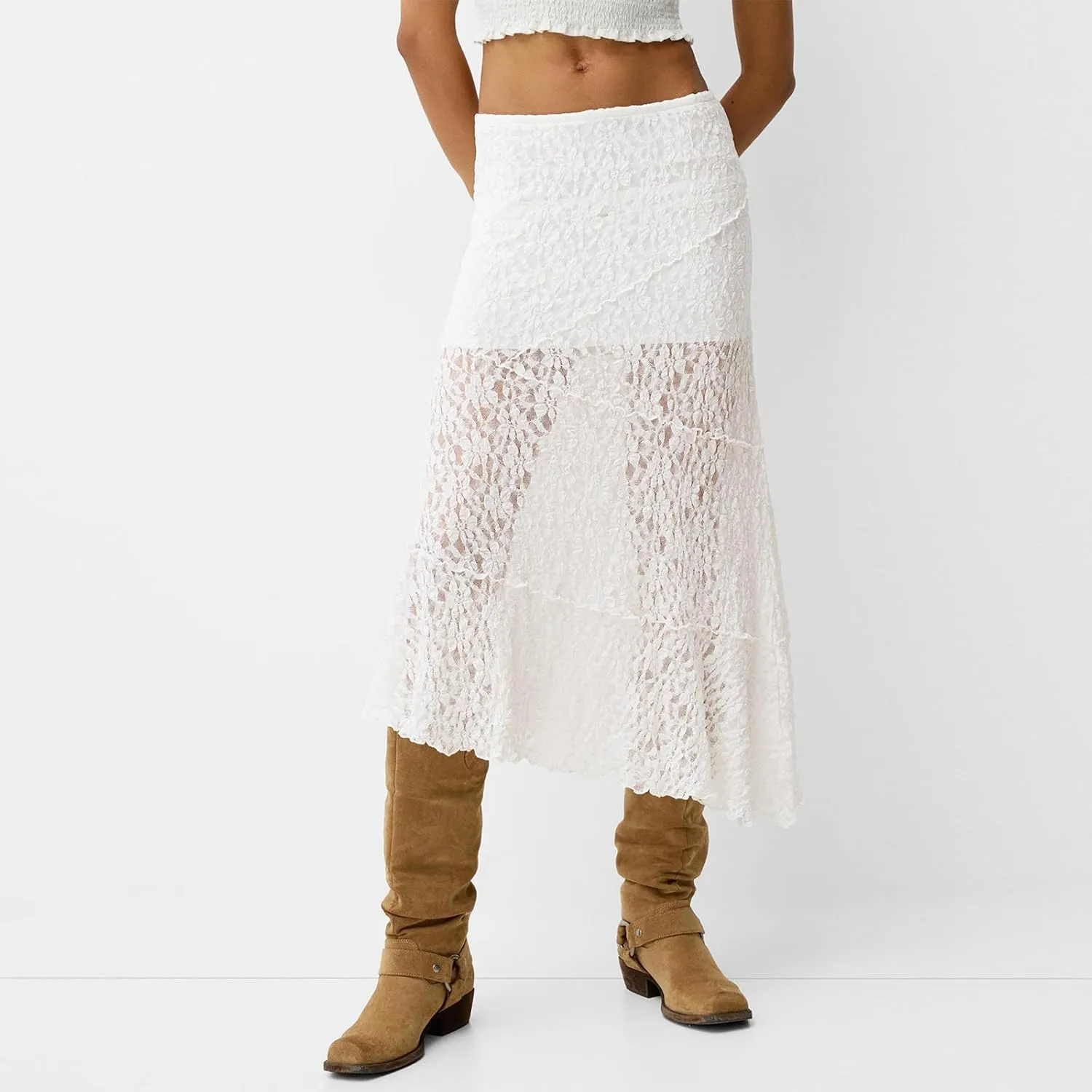Y2K Lace Maxi Skirts for Women Floral Lace Mesh Sheer Long Skirts Asymmetrical Hem See-Through Half Slip Skirts