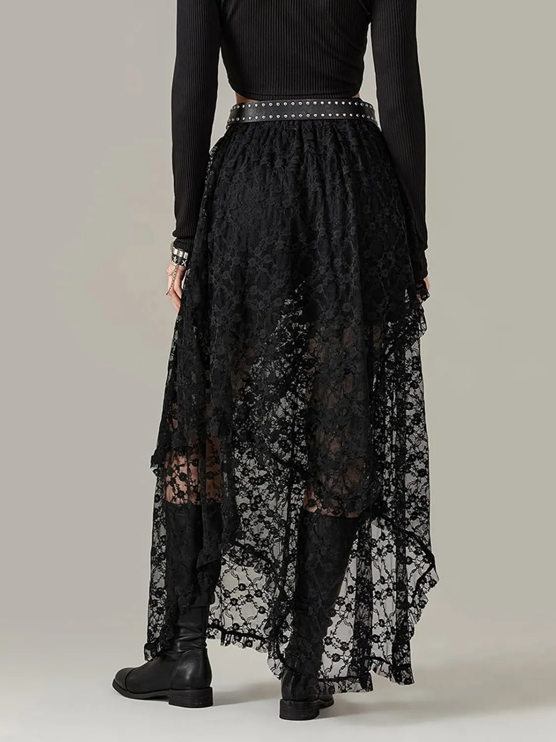 Y2K Lace Maxi Skirts for Women Floral Lace Mesh Sheer Long Skirts Asymmetrical Hem See-Through Half Slip Skirts