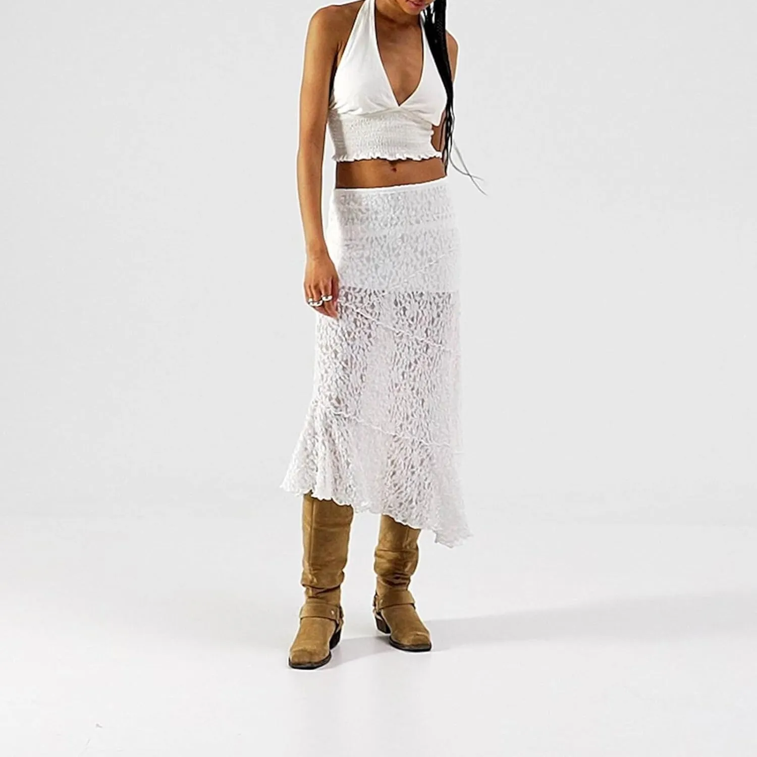 Y2K Lace Maxi Skirts for Women Floral Lace Mesh Sheer Long Skirts Asymmetrical Hem See-Through Half Slip Skirts
