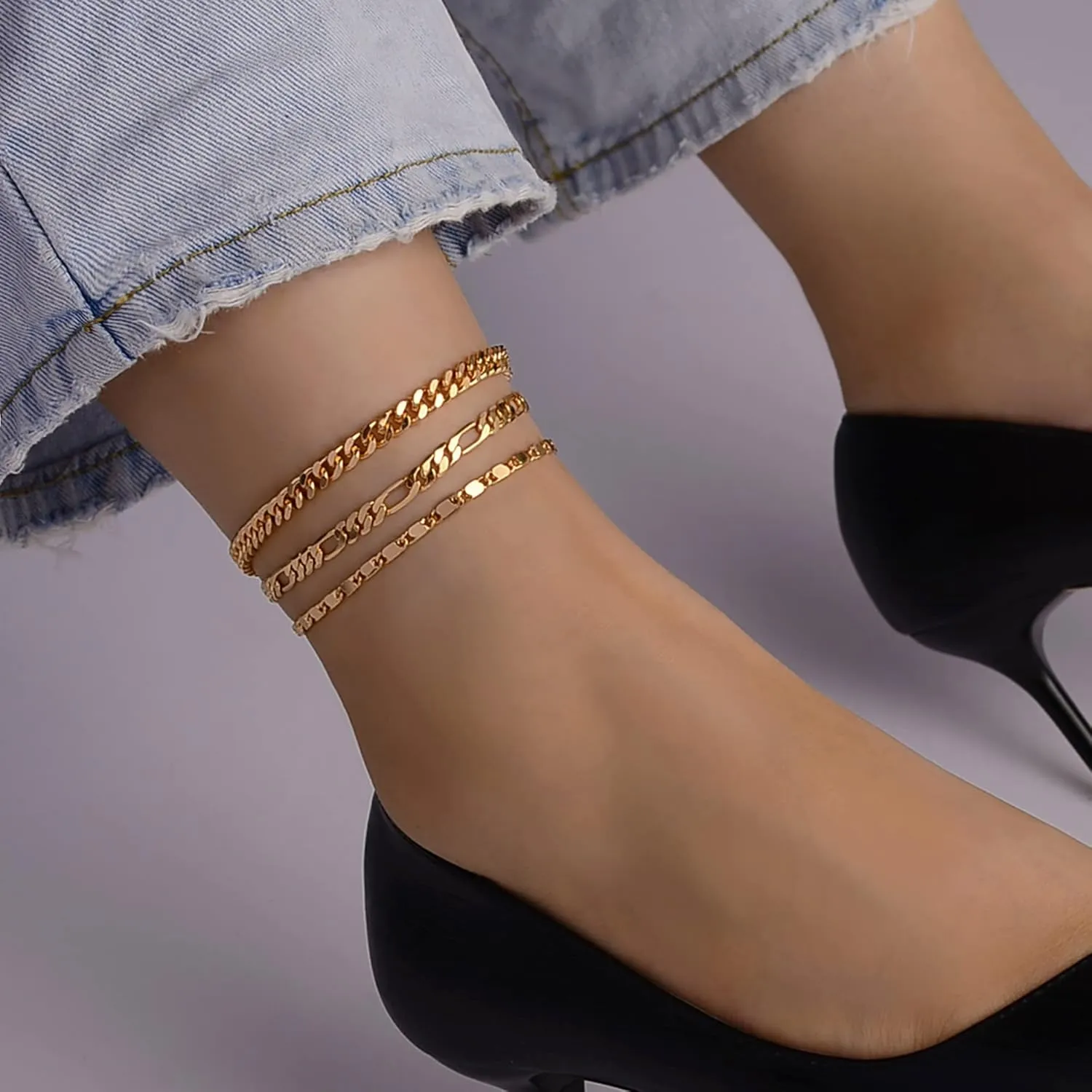 YANODA 3Pcs Gold Ankle Bracelets for Women Dainty 14k Gold Plated Layering Anklets Set Adjustable Fashion Link Chain Ankle Bracelet Adjustable Beach Foot Jewelry Gifts for Women