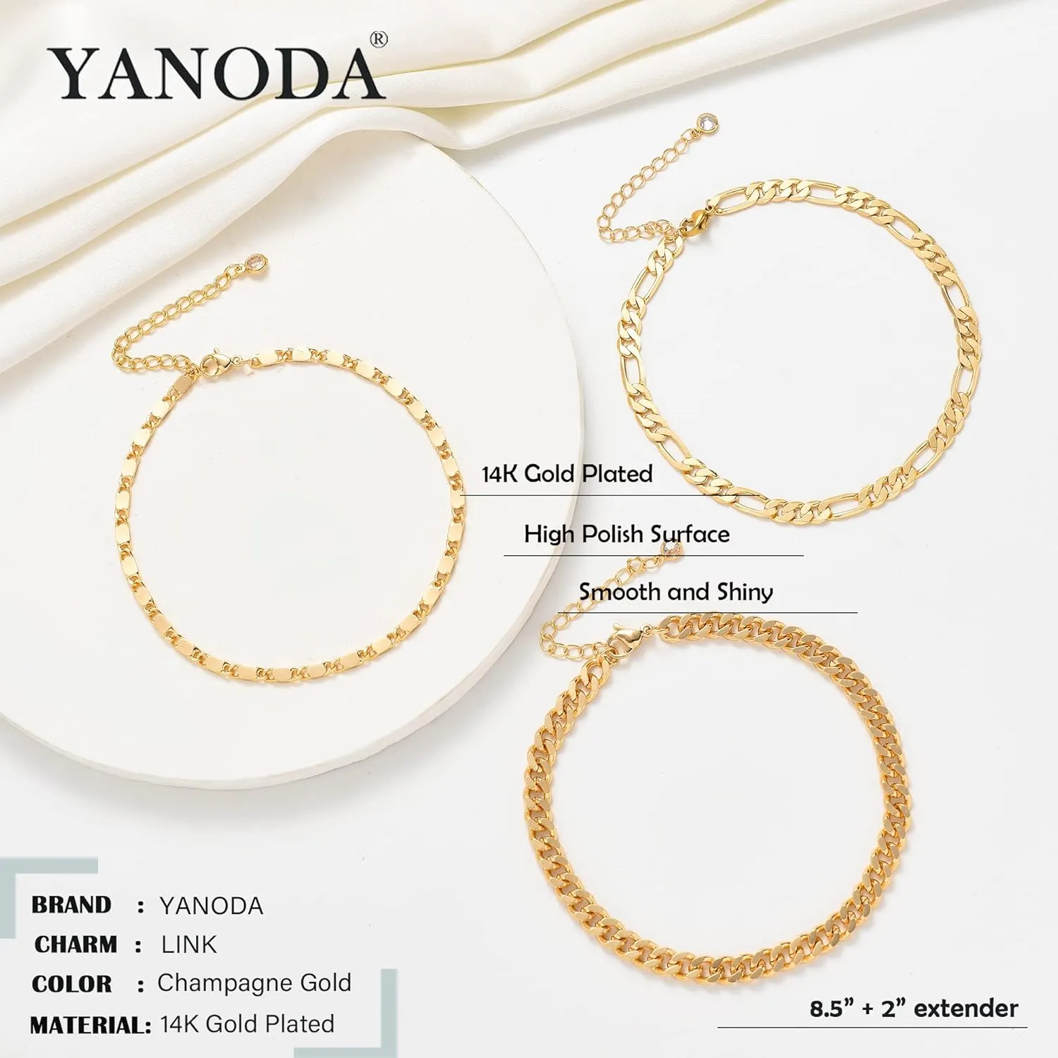 YANODA 3Pcs Gold Ankle Bracelets for Women Dainty 14k Gold Plated Layering Anklets Set Adjustable Fashion Link Chain Ankle Bracelet Adjustable Beach Foot Jewelry Gifts for Women