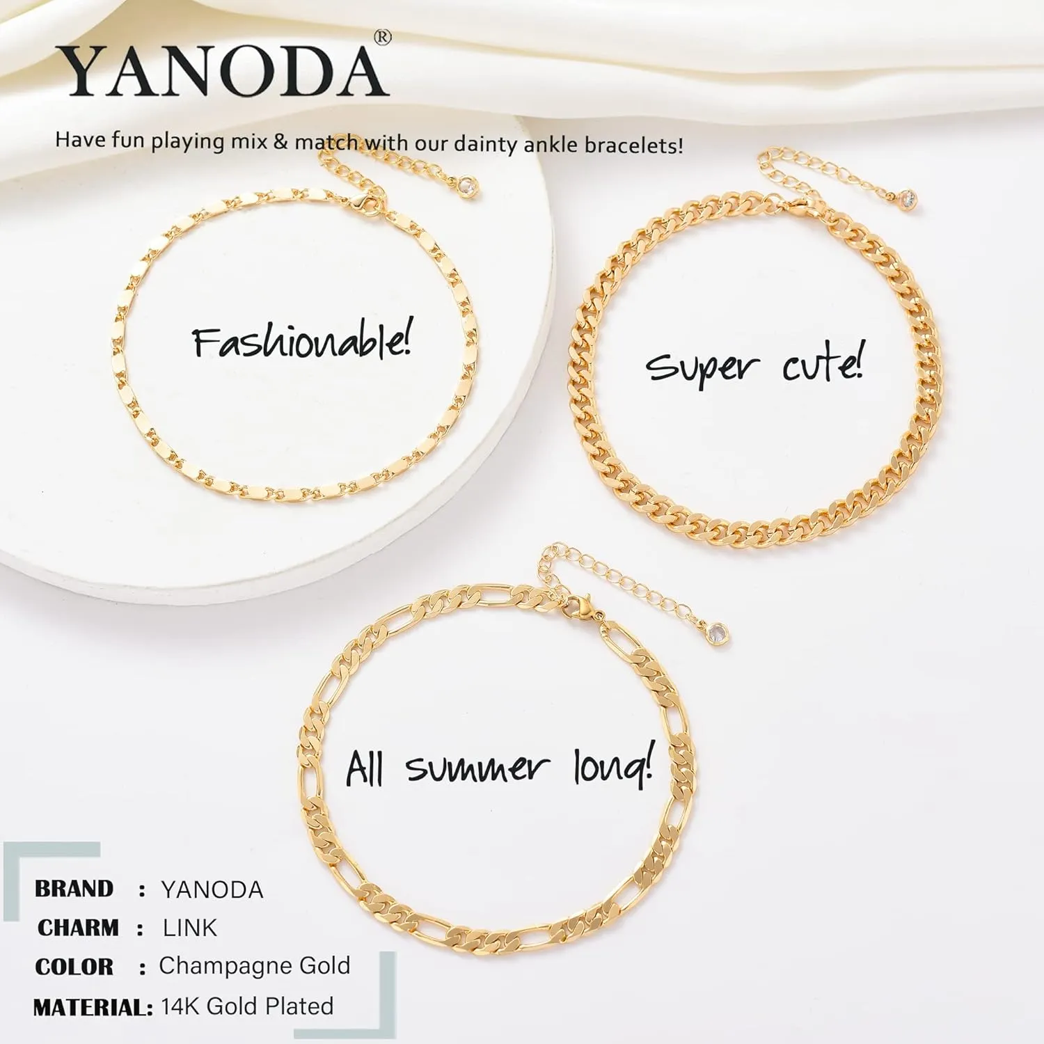 YANODA 3Pcs Gold Ankle Bracelets for Women Dainty 14k Gold Plated Layering Anklets Set Adjustable Fashion Link Chain Ankle Bracelet Adjustable Beach Foot Jewelry Gifts for Women