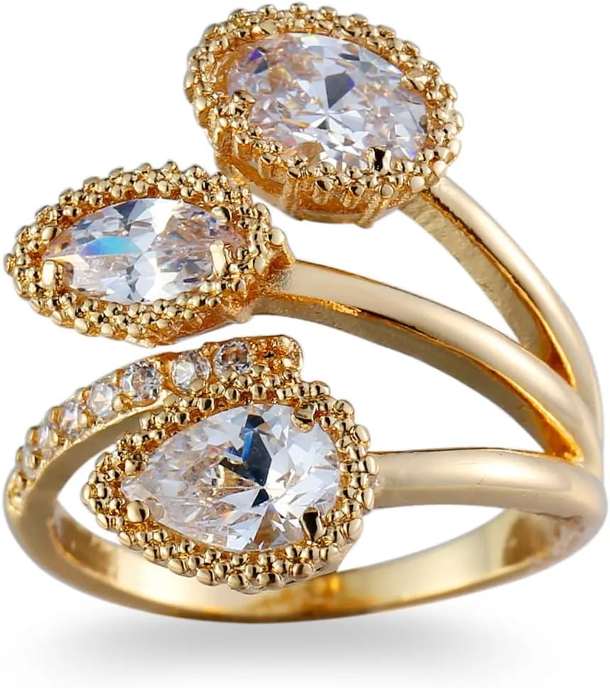 Yellow Gold Plated Cubic Zirconia CZ Vine Leaf Wedding Band Rings Knuckle Statement Cocktail Jewelry for Women