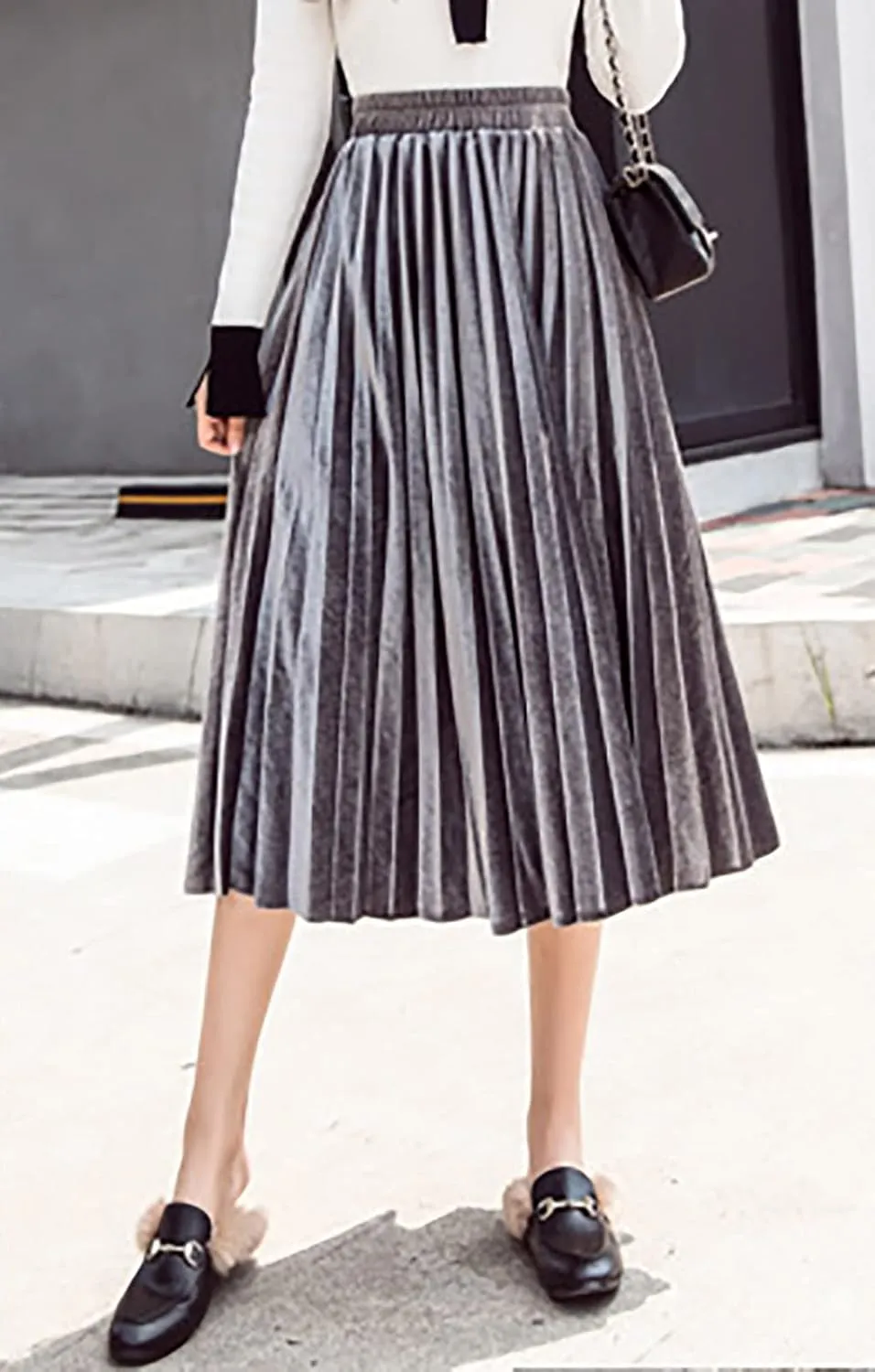 yoeasy Women Gold Velvet Pleated Long Skirts High Elastic Waist Swing Ruffled A Line Midi Skirts