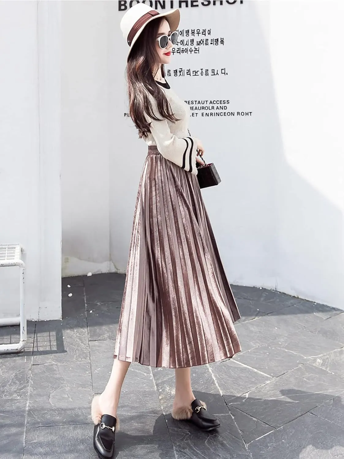 yoeasy Women Gold Velvet Pleated Long Skirts High Elastic Waist Swing Ruffled A Line Midi Skirts
