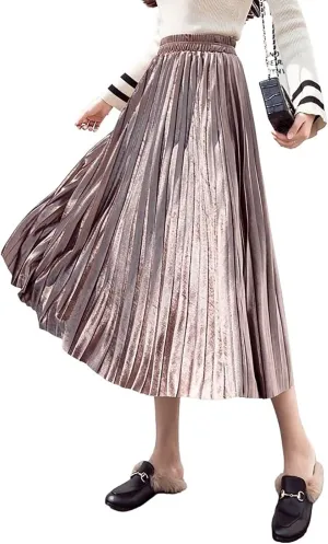 yoeasy Women Gold Velvet Pleated Long Skirts High Elastic Waist Swing Ruffled A Line Midi Skirts