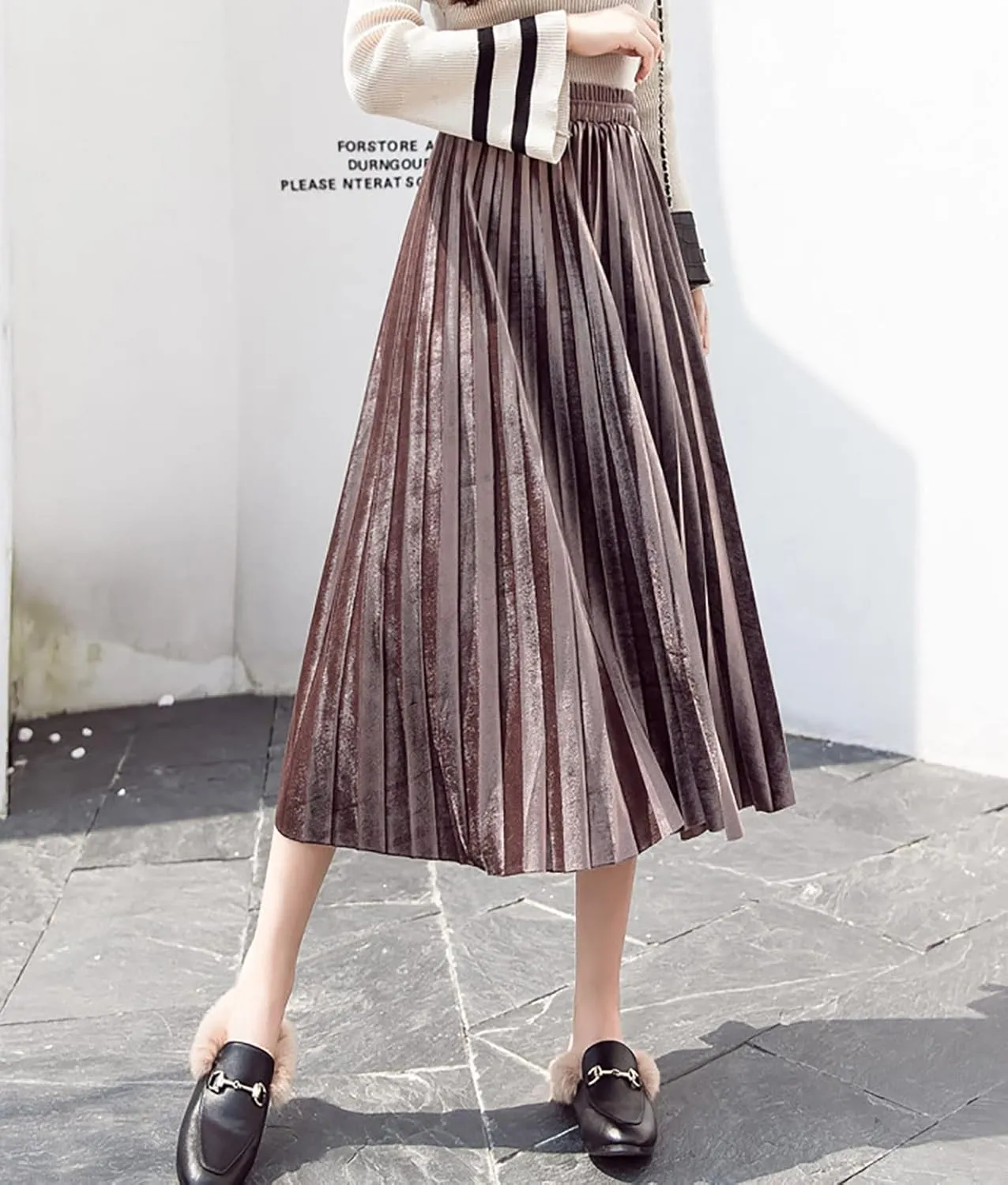 yoeasy Women Gold Velvet Pleated Long Skirts High Elastic Waist Swing Ruffled A Line Midi Skirts