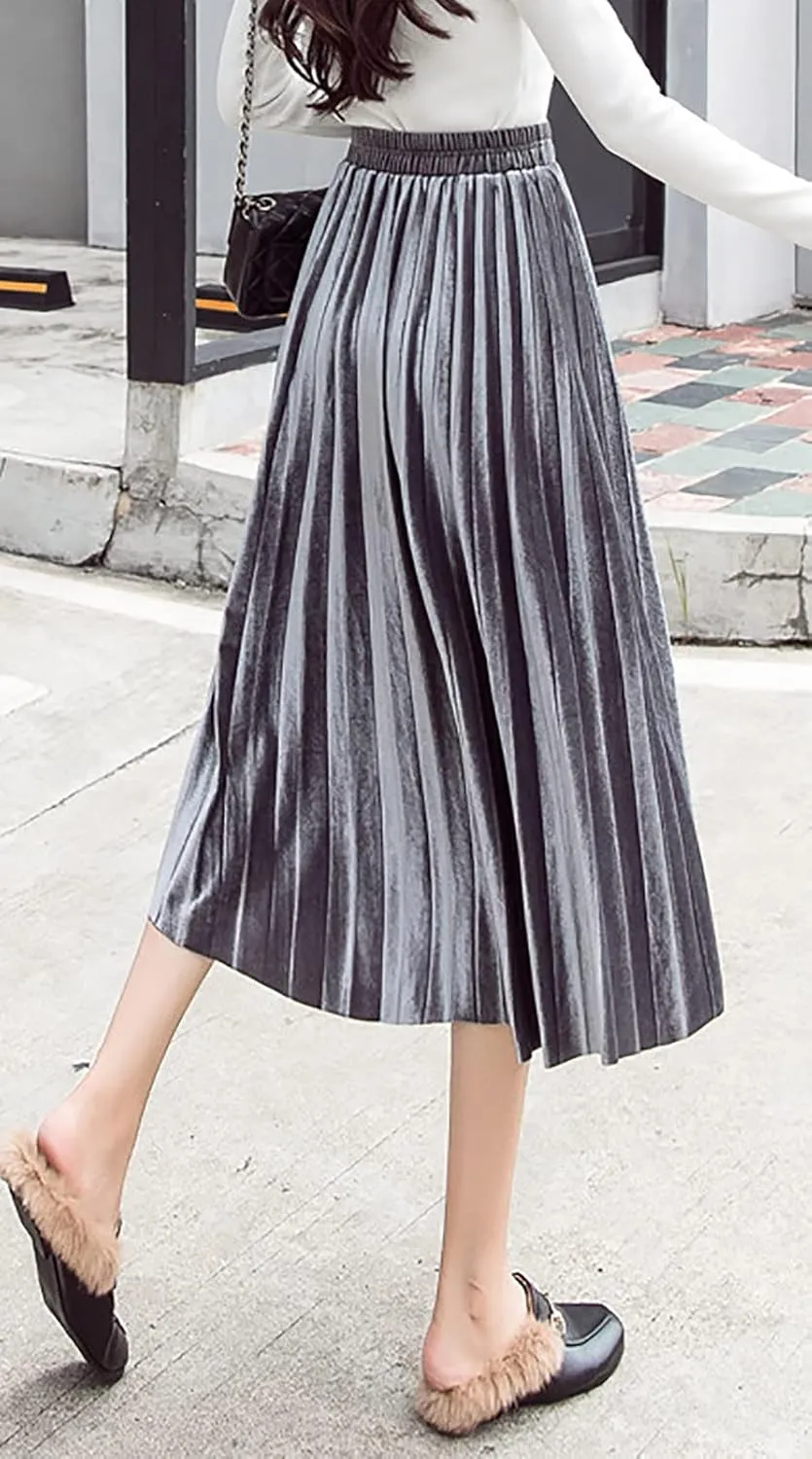 yoeasy Women Gold Velvet Pleated Long Skirts High Elastic Waist Swing Ruffled A Line Midi Skirts
