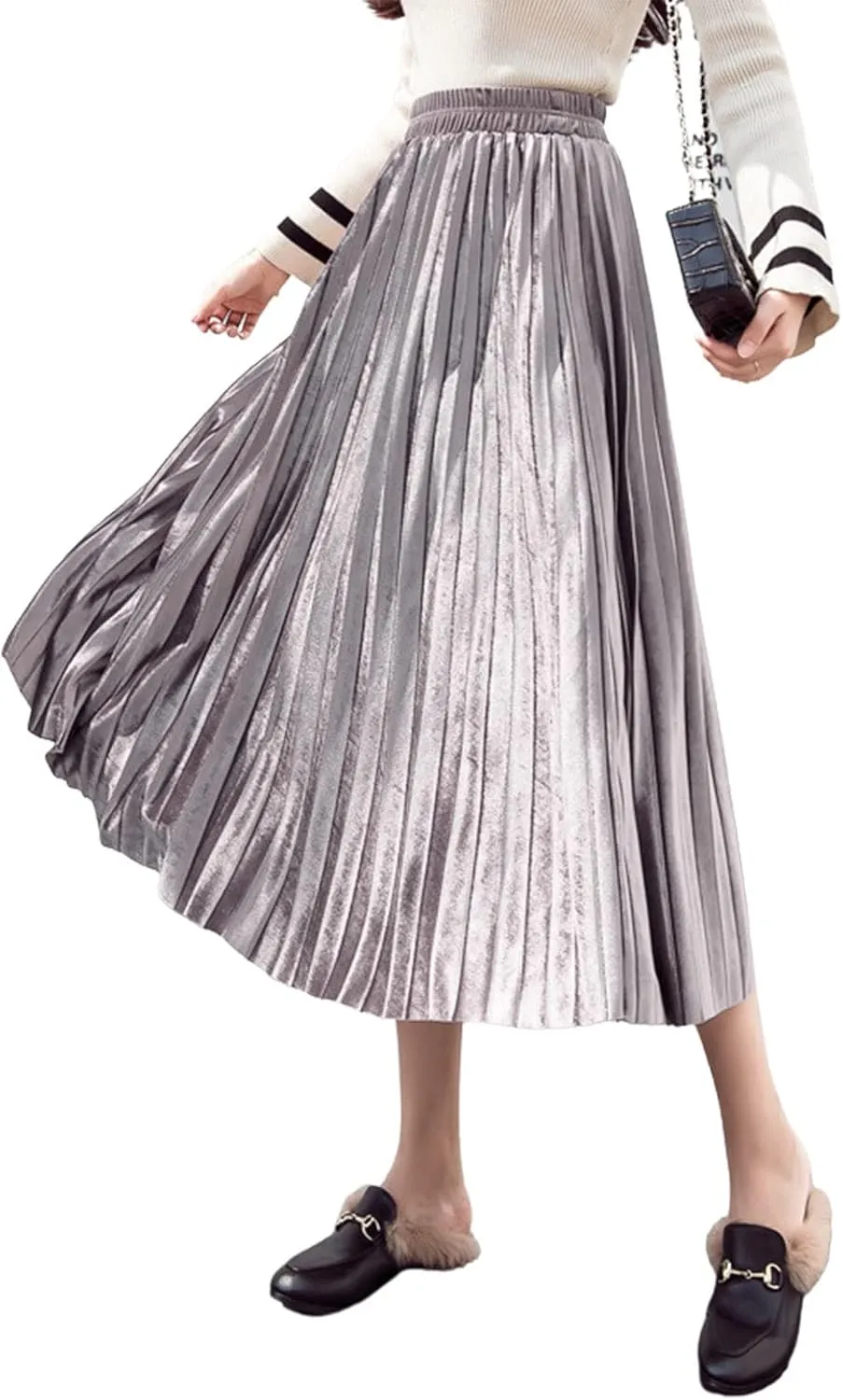 yoeasy Women Gold Velvet Pleated Long Skirts High Elastic Waist Swing Ruffled A Line Midi Skirts