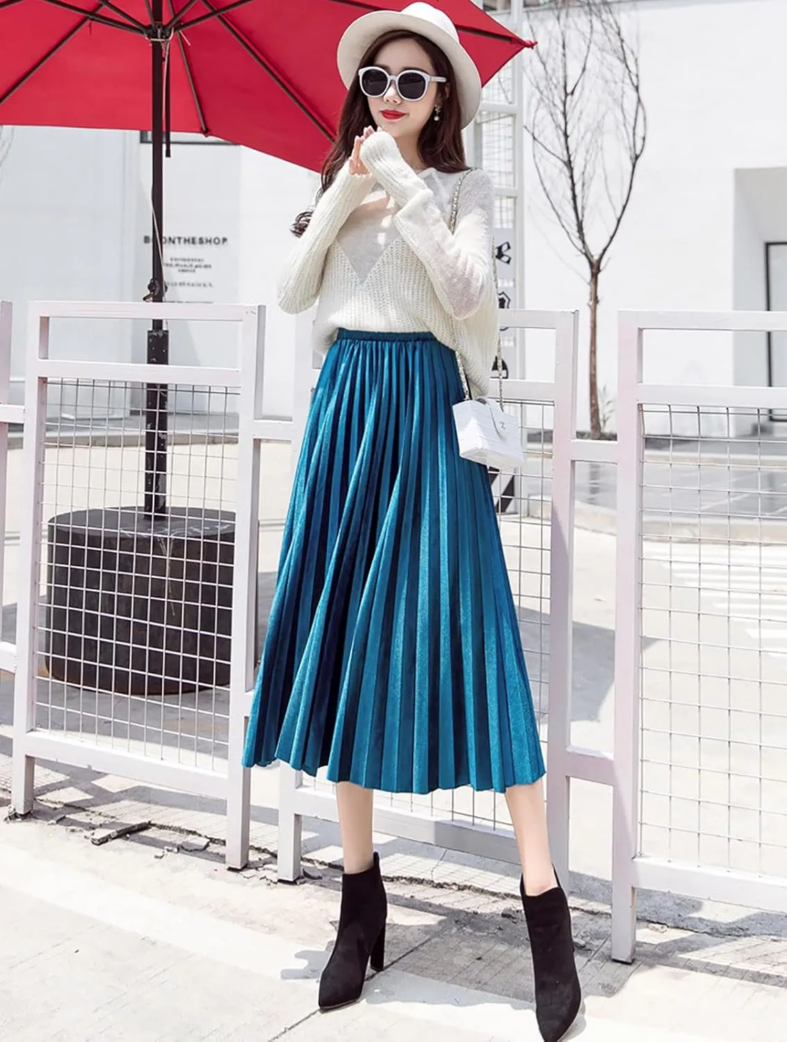 yoeasy Women Gold Velvet Pleated Long Skirts High Elastic Waist Swing Ruffled A Line Midi Skirts