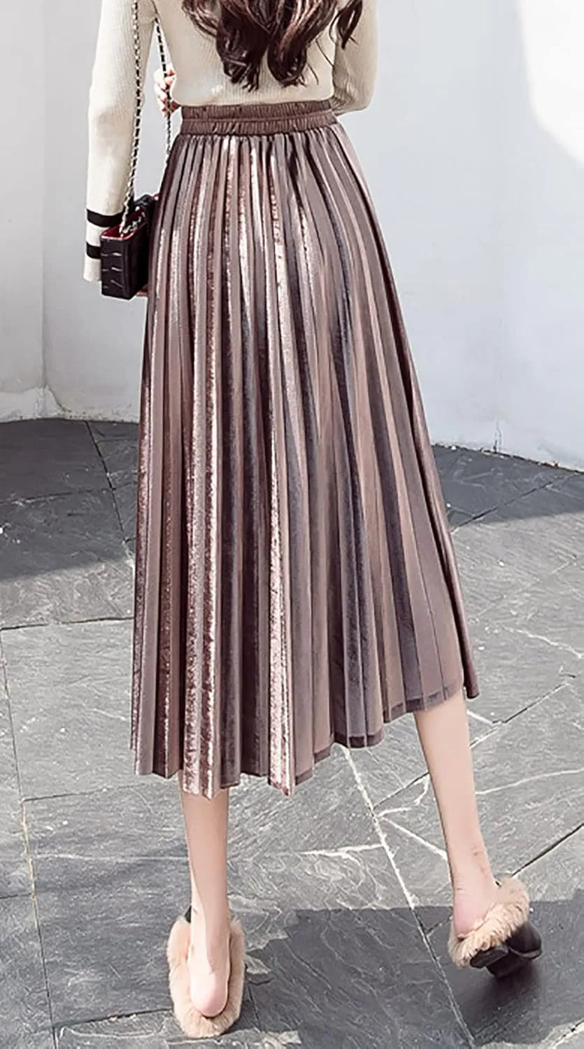 yoeasy Women Gold Velvet Pleated Long Skirts High Elastic Waist Swing Ruffled A Line Midi Skirts