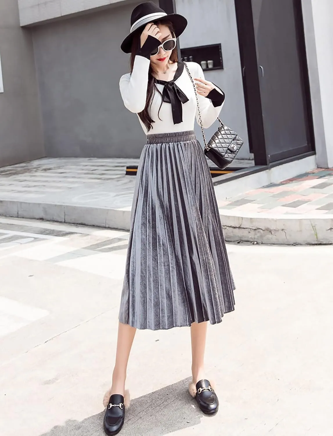 yoeasy Women Gold Velvet Pleated Long Skirts High Elastic Waist Swing Ruffled A Line Midi Skirts