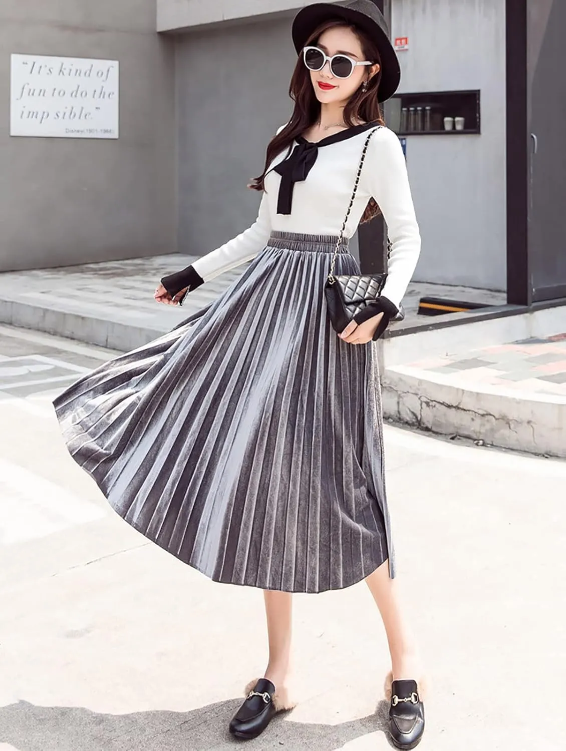 yoeasy Women Gold Velvet Pleated Long Skirts High Elastic Waist Swing Ruffled A Line Midi Skirts