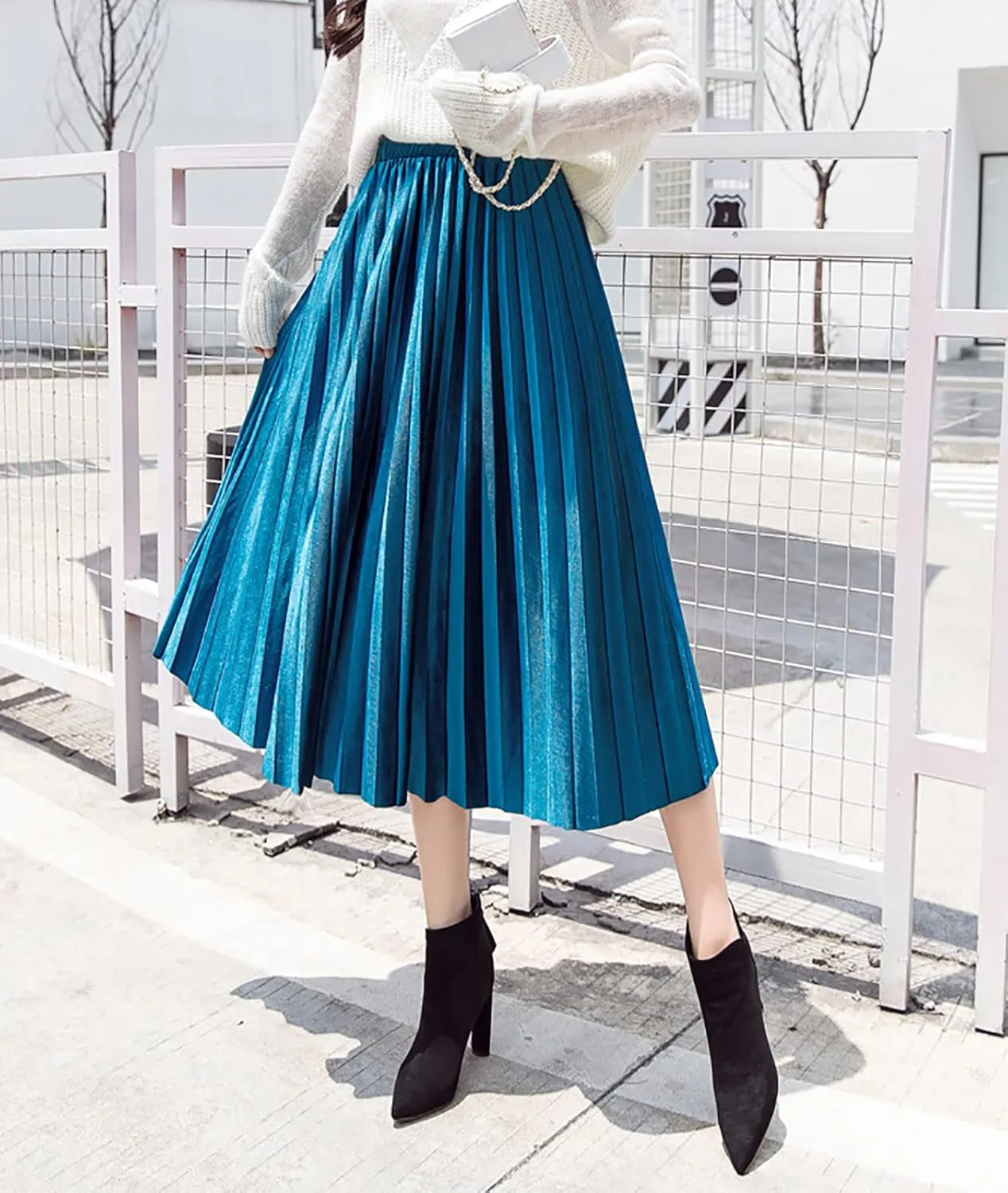 yoeasy Women Gold Velvet Pleated Long Skirts High Elastic Waist Swing Ruffled A Line Midi Skirts